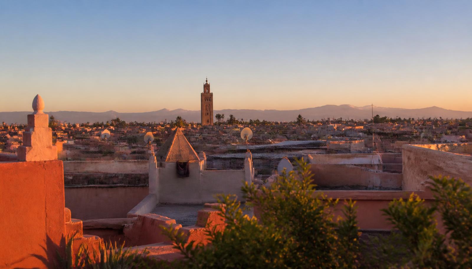Uitzicht over de daken van de medina van Marrakech met de Koutoubia en de Atlas op de achtergrond