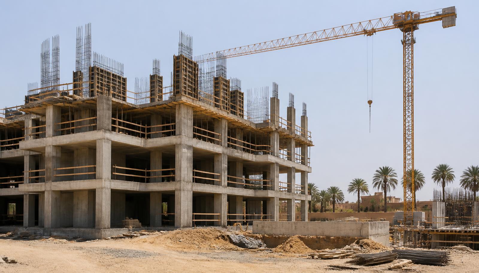 Woongebouw in ruwbouw met betonskelet en torenkraan op een bouwlocatie in Marokko