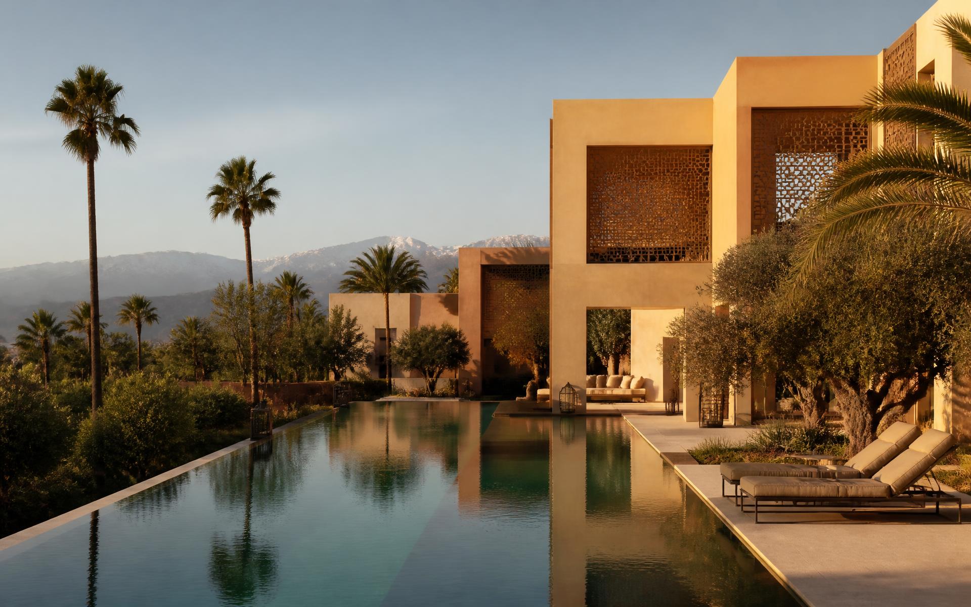 Hedendaagse villa in Marrakech met ivoorkleurige muren, olijfbomen en een lang waterbassin