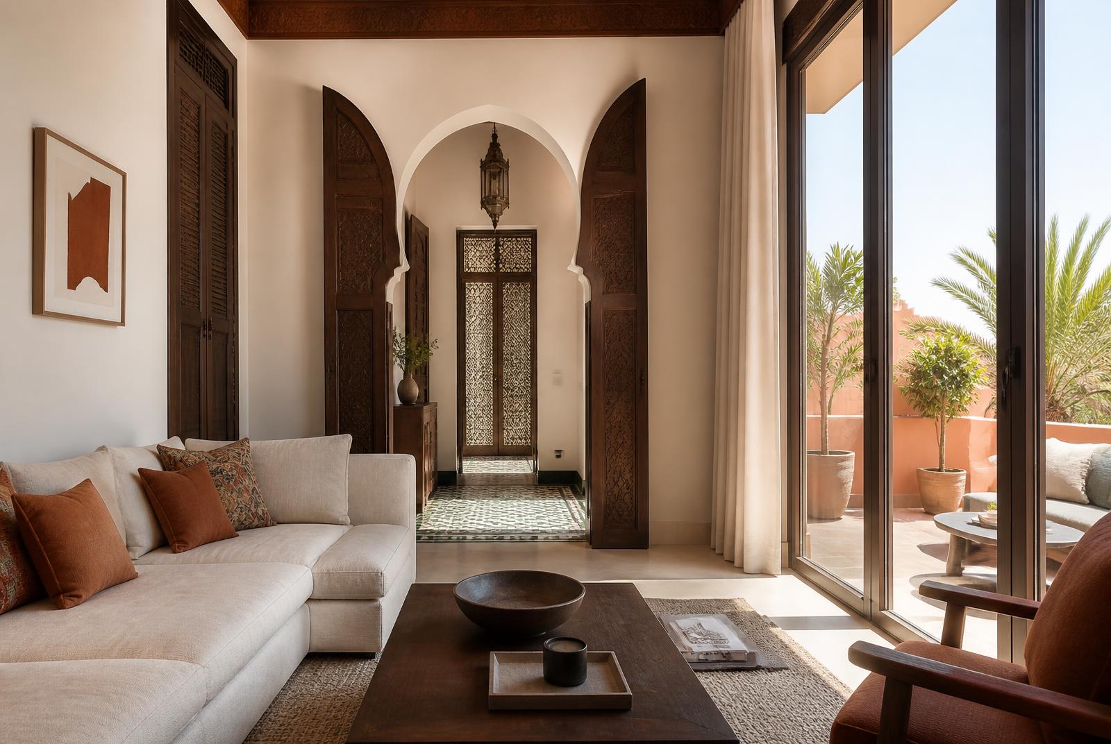 Woonkamer van een modern appartement in Marrakech met ivoorkleurige wanden, houten deuren en terras met palmen